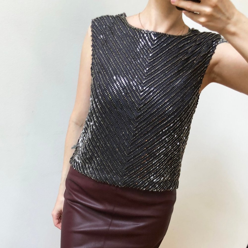 Gorgeous Fancy classy top, bead embroidery sleeveless blouse S, gray silk top - Picture 2 of 15